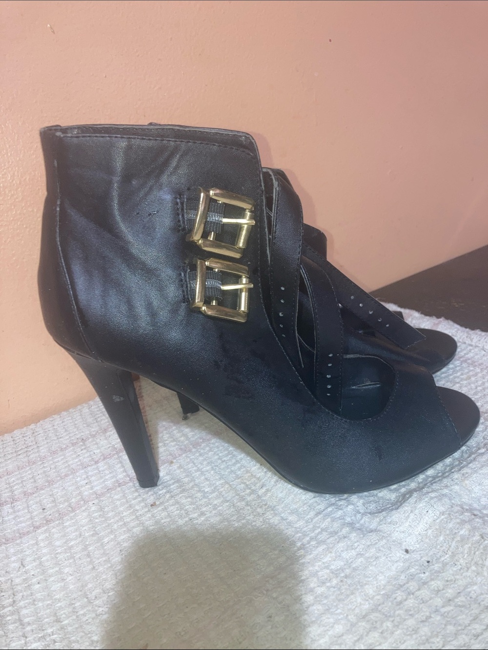 Black Peep-Toe Ankle Booties with Gold Buckle Accents